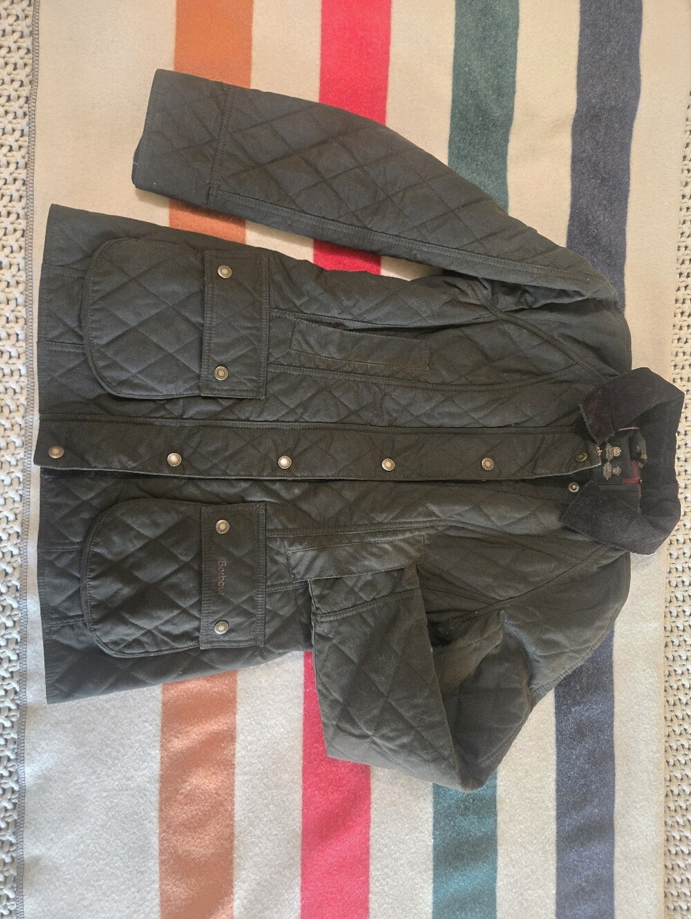 Barbour Olive Green Quilted Waxed Cotton Coat With Tartan Plaid Lining
